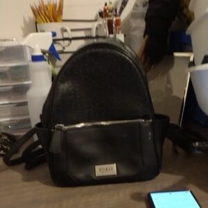 Guess Black Faux Leather Mini Backpack with Front Zip Pocket